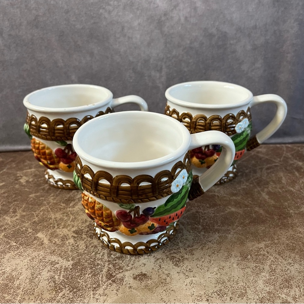 KK Ceramics Fruit Basket Ceramic Mugs Set of 3 Multicolor 3D Relief Fruit Design